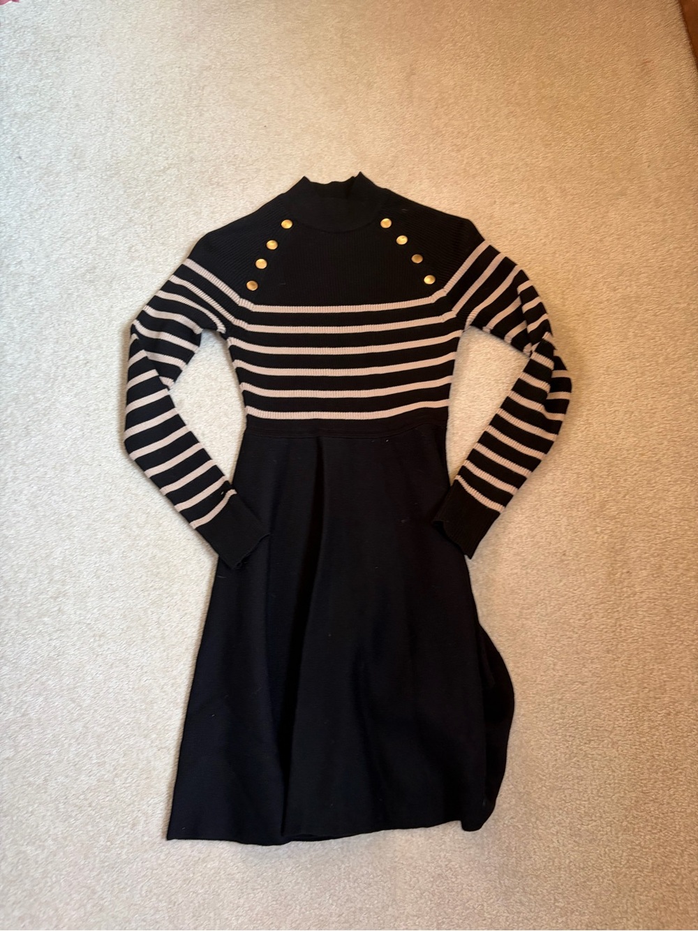 BCX Black and Cream Striped Knit Dress with Gold Buttons